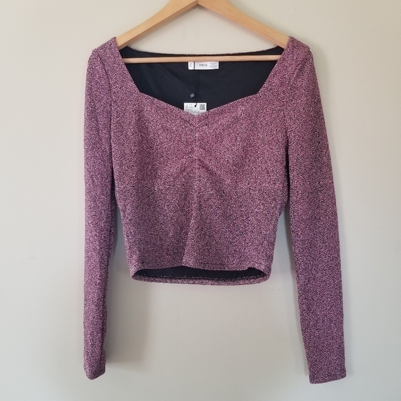 nwt Mango Metallic Sparkle Pink Cropped top Long Sleeve Size Large - Picture 9 of 9